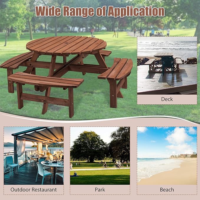 Wooden Picnic Table,Outdoor Wooden Dining Rectangle Table w/Umbrella Hole,for Patio,Garden,Backyard - Photo 7
