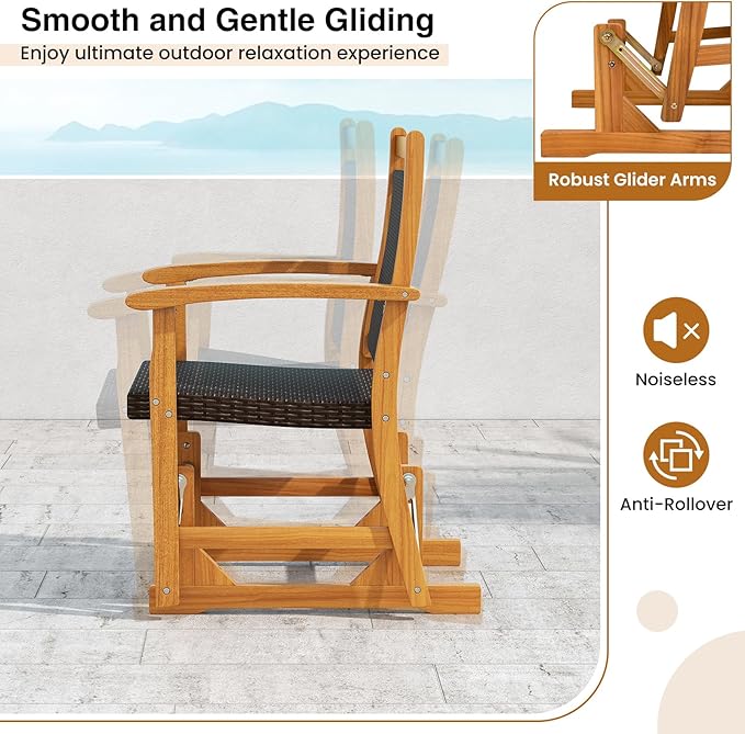 HAPPYGRILL Outdoor Glider Chair Acacia Wood Porch Glider with Rattan Seat and Backrest, Swing Rocking Armchair for Patio - Photo 6