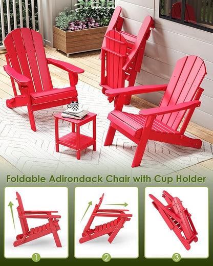 GREENVINES Folding-Adirondack-Chairs-Set-of-4 | HDPE Plastic | Fire Pit Chair | All Weather | Cup Holder | Red | for Deck Backyard Patio Outdoor Garden