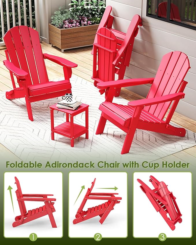 GREENVINES Folding-Adirondack-Chair | HDPE Plastic | Fire Pit Chairs | All Weather | Cup Holder | Red | for Deck Backyard Patio Outdoor Garden