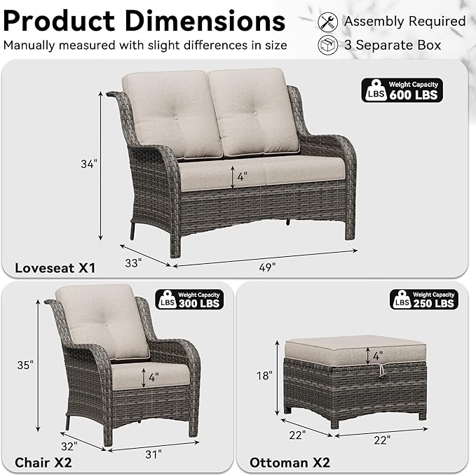 5 Piece Outdoor Wicker Patio Furniture Set, Patio Chairs Set with Thickened Olefin Cushions, High Back and Deep Seating - Photo 2