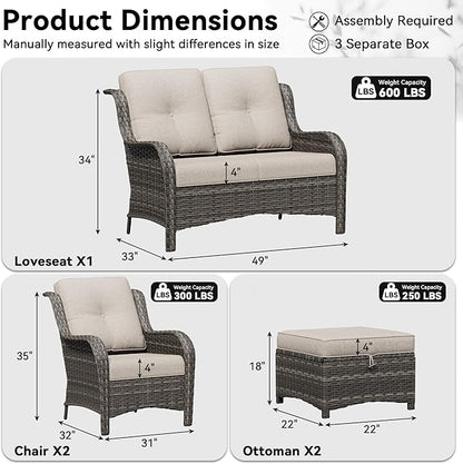 5 Piece Outdoor Wicker Patio Furniture Set, Patio Chairs Set with Thickened Olefin Cushions, High Back and Deep Seating, Hand-Woven PE Rattan, Ottoman for Porch, Deck