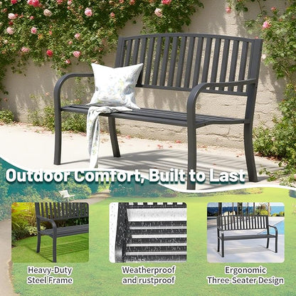 Metal Bench Patio Bench, Outdoor Benches Weatherproof with Slat Backrest, Wrought Iron Garden Benches for Outdoors, Patio, Garden, Park