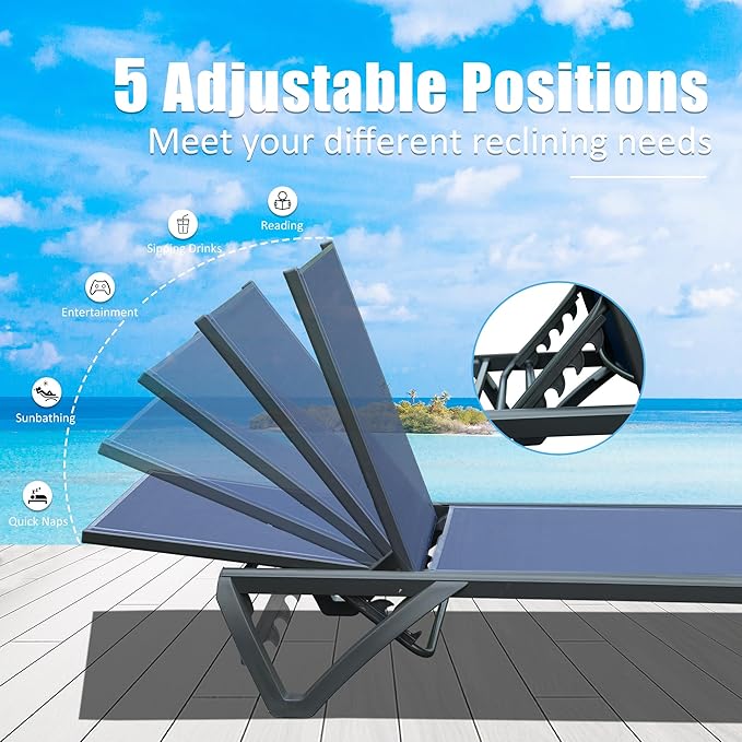 Domi Pool Lounge Chairs, Aluminum Patio Chaise Lounge with Side Table, Wheels, 5 Position Adjustable - Photo 5