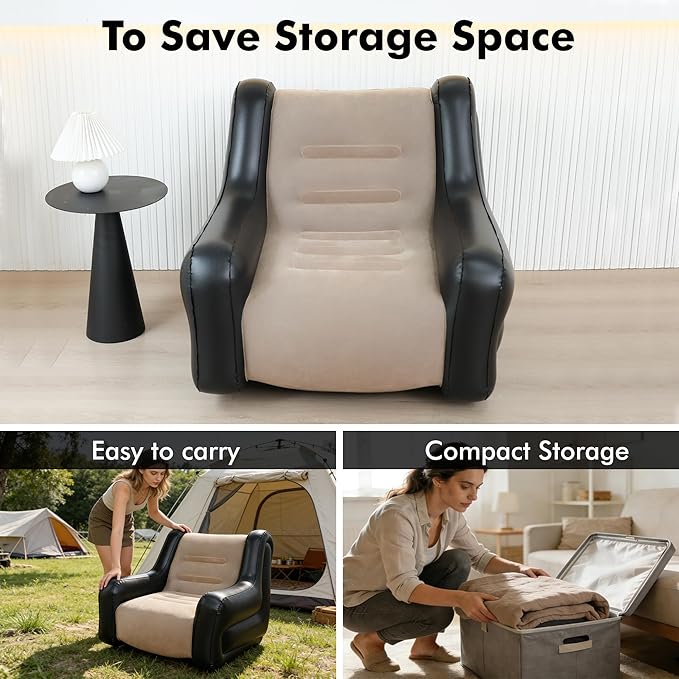 Large Inflatable Leisure Chair, Inflatable Sofa Chair for Outdoor and Indoor Use (Black+Grey, Single Chair)