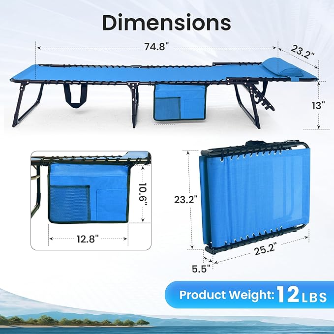 2 Pack Folding Chaise Lounge Chair 5-Position Adjustable Outdoor Recliner 400LB Capacity Portable Patio Camping Beach Pool Sunbathing Lounger with Pillow, Blue