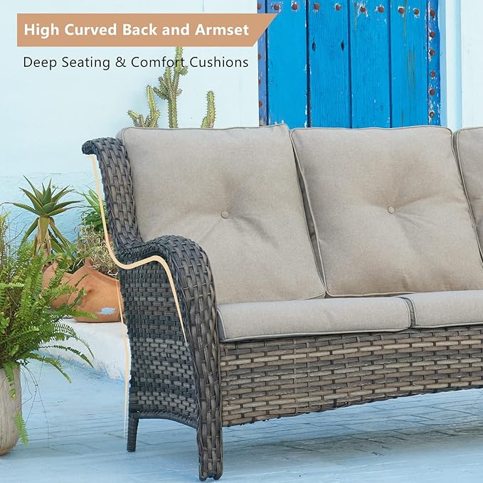 HUMMUH Outdoor Furniture 5 Pieces Patio Furniture Set Wicker Outdoor Sectional Sofa with 2 Patio Chairs,Ottomans