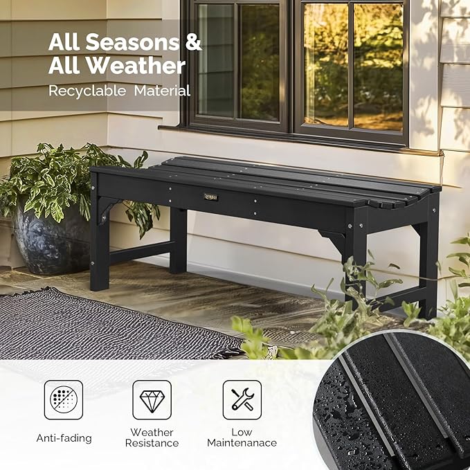 VINGLI Outdoor Bench Garden Bench HDPE Porch Bench, All-Weather Patio Bench, Poly Lumber Oversized Park Bench 800 lbs Weight Capacity (Black)