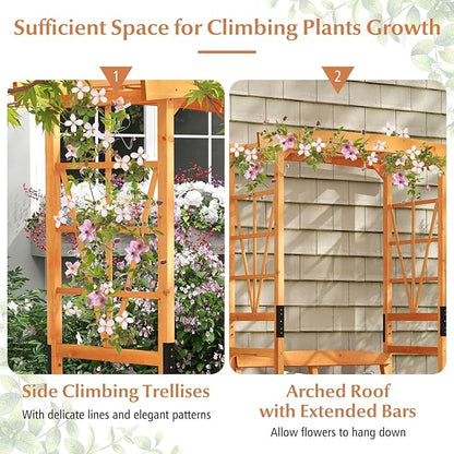 6.25ft Garden Arbor with Bench, Wooden Arch w/Side Trellis for Climbing Plants & Vines, 2-Person Outdoor Seating, Country Botanicals Decoration for Backyard, Deck, Patio