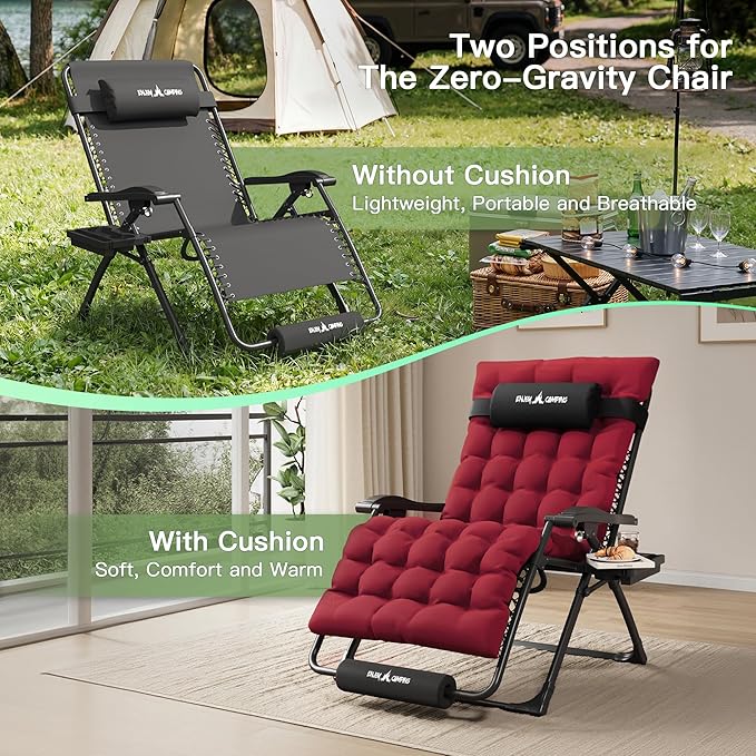 Amopatio Oversized Padded Zero Gravity Chair, XL 29In Reclining Camping Lounge Chair w/Removable Cushion&Headrest - Photo 5