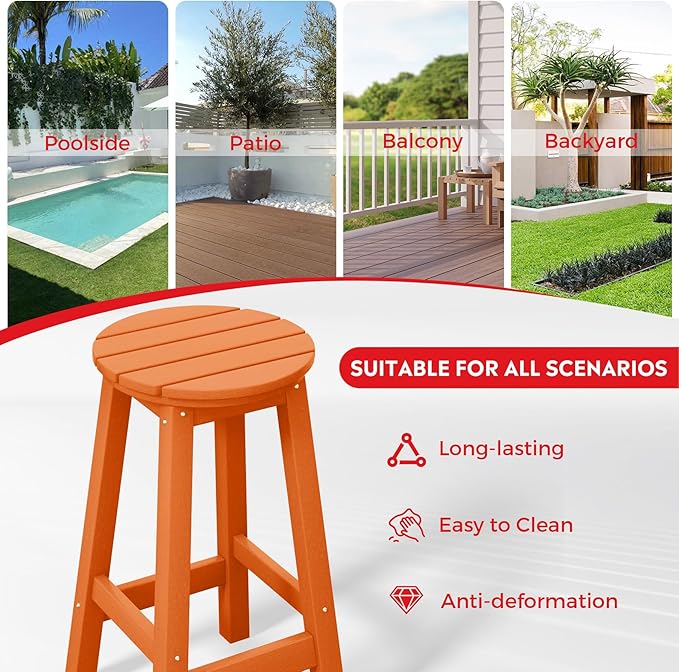 Costaelm 24" Height Outdoor Bar Stools, All-Weather Bar Stools, Adirondack Poly Patio Round Bar Stool for Patio, Deck, Kitchen Counter and Garden, Orange