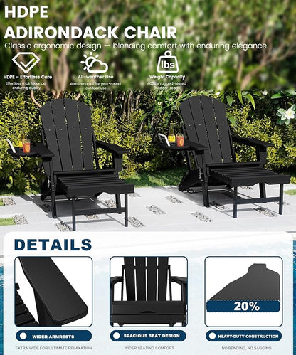 FOOWIN Folding Adjustable Adirondack Chair with Retractable Ottoman Set of 2,HDPE Adirondack Chair w/4 in 1 Cup Holder Trays,All-Weather Resistant Fire Pit Chair for Outdoor Patio Lawn, Black