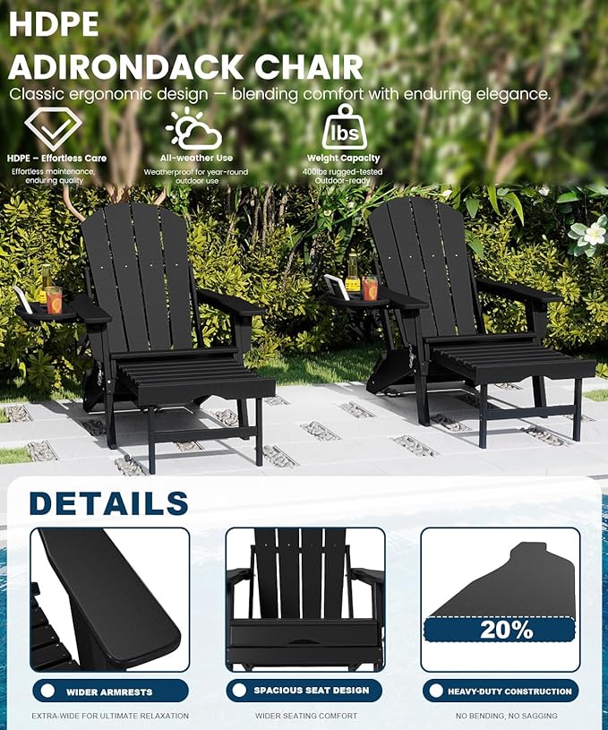 FOOWIN Folding Adjustable Adirondack Chair with Retractable Ottoman,HDPE Adirondack Chair w/4 in 1 Cup Holder Trays,All-Weather Resistant Fire Pit Chair for Outdoor Patio Lawn, Black