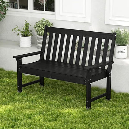 RELAX4LIFE 2-Person Patio Outdoor Bench - 52’’ All-Weather HDPE Garden Bench with Armrests & Slatted Backrest, Patio Bench for Front Porch Park Poolside Backyard, 705 LBS Weight Capacity (Black)