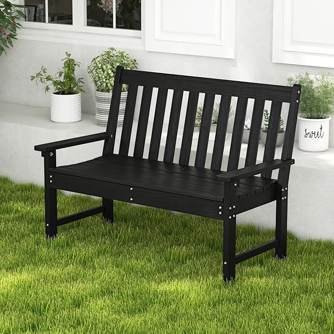 Giantex Outdoor Bench, 52-Inch Outside Bench All-Weather HDPE Park Bench with Backrest and Armrests, 705 lbs Weight Capacity, 2-Person Slatted Patio Bench for Porch, Yard, Lawn, Garden Bench (Black)