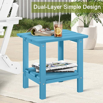 Set of 2 Outdoor Side Table, 2-Tier Small Patio End Table, Weather Resistant HDPE Adirondack Outdoor End Tables for Garden, Lawn, Pool, Beach, Porch, Deck, Backyard - Square, Turquoise