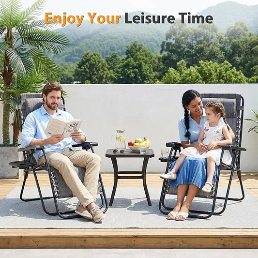 NEWBULIG Zero Gravity Chair Set of 2, Lounge Chair Folding Portable Adjustable Camping Reclining Chairs with Adjustable Pollow, Mesh Back, Cup Holder Trays Lawn Patio Chair for Pool Beach - Grey