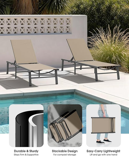 Ciokea Foldable Outdoor Lounge Chair Set of 4, No Assembly Aluminum Chaise Lounge Outdoor with 5-Positions, Aluminum Pool Lounge Chairs with Portable Design for Poolside, Beach, Deck, Patio, Khaki