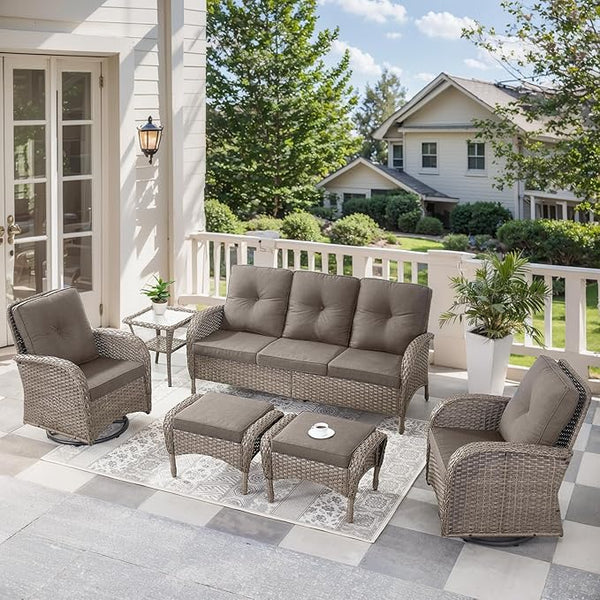 6 Pieces Outdoor Furniture-Patio Swivel Rocker Chairs Set of 2 3-Seater Wicker Couch with Outdoor Ottoman Outdoor Patio - Photo 1