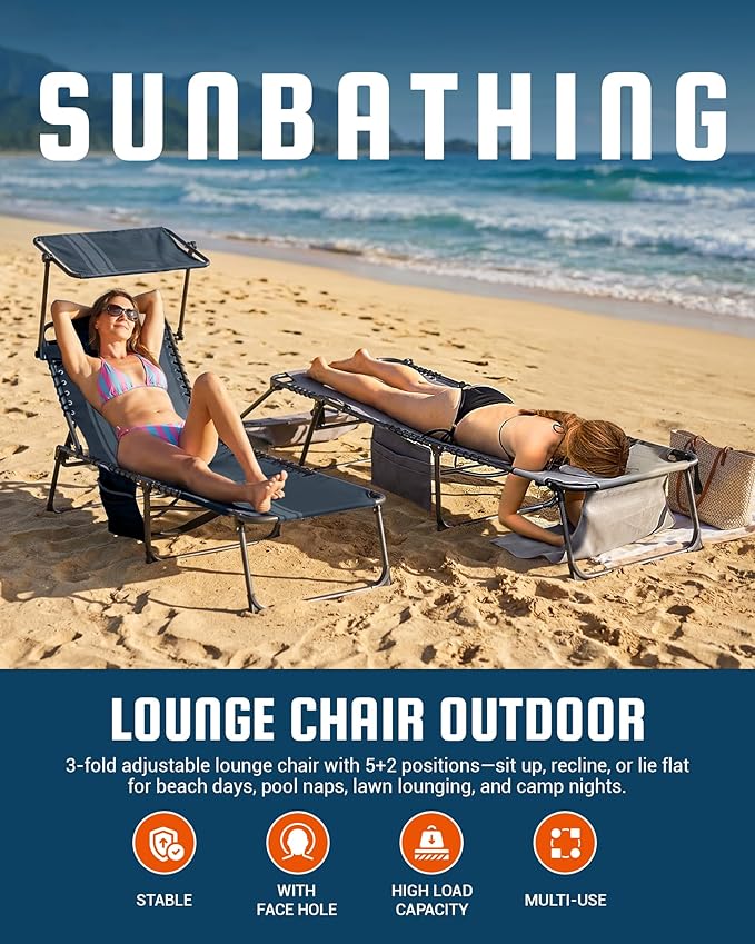 KingCamp Lounge Chair with face Hole & Canopy Shade, 400LBS Folding Portable Tanning Chair with face Hole - Photo 3