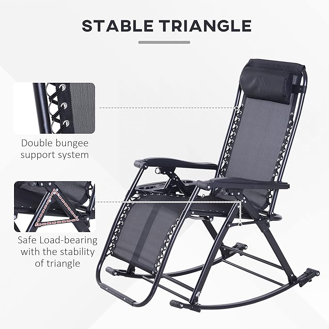 Outsunny Outdoor Rocking Chairs, Foldable Reclining Zero Gravity Lounge Rocker with Pillow, Cup & Phone Holder, Combo Design with Folding Legs, Black