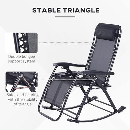 Outsunny Outdoor Rocking Chairs, Foldable Reclining Zero Gravity Lounge Rocker with Pillow, Cup & Phone Holder, Combo Design with Folding Legs, Black