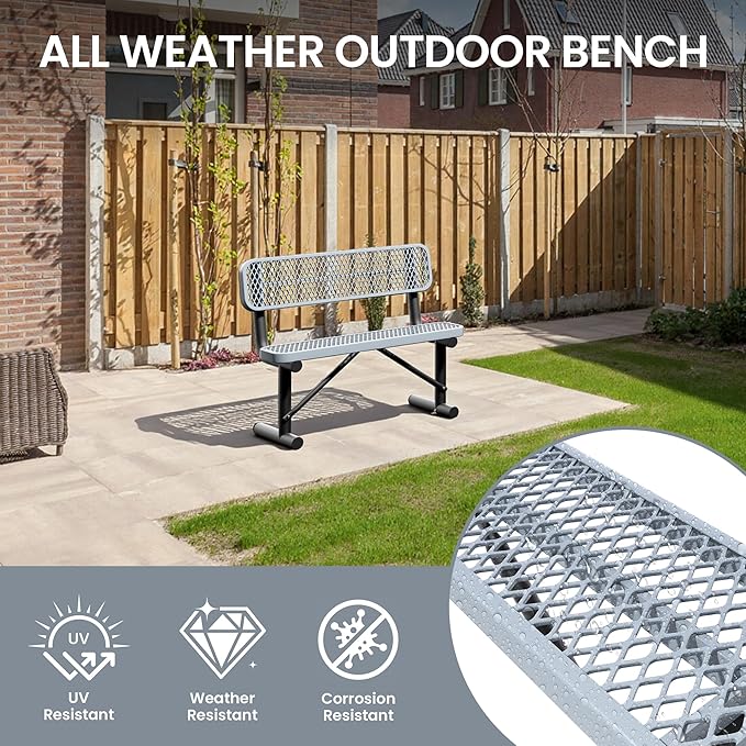 4 Feet Steel Park Bench for Outside, Outdoor Bench with Backrest & Portable Frame, Commercial Benches for Shopping Malls, Stores, Parks, Patios, Decks, Grey