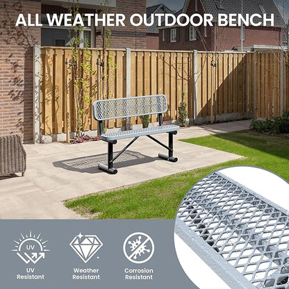 4 Feet Steel Park Bench for Outside, Outdoor Bench with Backrest & Portable Frame, Commercial Benches for Shopping Malls, Stores, Parks, Patios, Decks, Grey