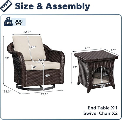 Outdoor Wicker 360 Degree Swivel Glider Rocker Chairs Set of 2 with Cat House Side Table, Patio Conversation Furniture Set with Washable Cushions for Garden, Poolside (Beige)