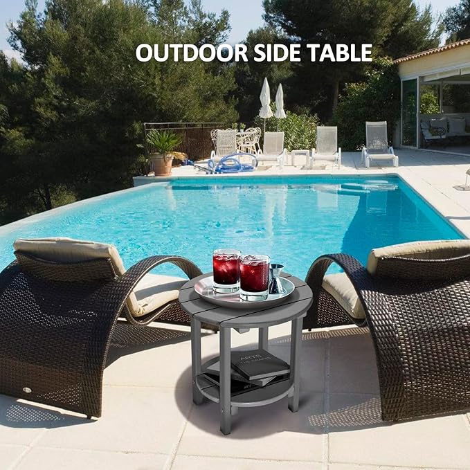 Round Adirondack Outdoor Side Table, 17.7" Small Patio End Table, 2-Tier HDPE Plastic Table for Poolside Porch Garden, Weather Resistant & Easy Assembly(Grey)