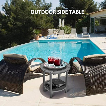 Round Adirondack Outdoor Side Table, 17.7" Small Patio End Table, 2-Tier HDPE Plastic Table for Poolside Porch Garden, Weather Resistant & Easy Assembly(Grey)