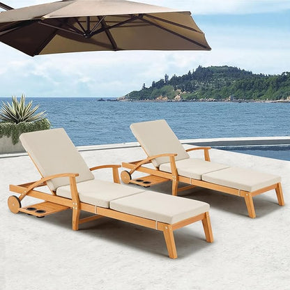 HOMREST Wood Chaise Lounge Recliner Set of 2, 83x23in Patio Chaise Lounger Recliner with Slide-Out Side Table & Cup Holder, Foam-Padded Cushion, Adjustable Backrest, Wheels (Beige)