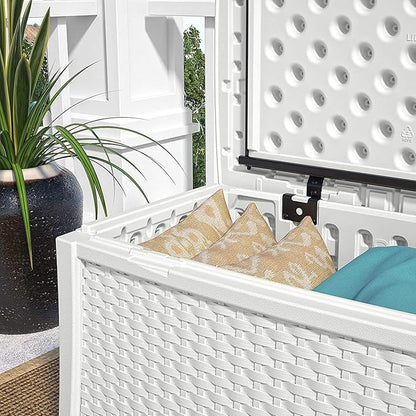 Suncast Elements 30-Gallon End Table with Storage - Lightweight Resin Outdoor Storage Patio and Coffee Table for Cushions, Gardening Tools and Toys - Store Items on Patio - White, Made in the USA