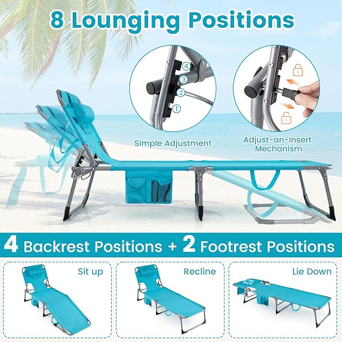 Giantex Face Down Tanning Chair, Folding Beach Lounge Chair w/ 4-Position Adjustable Backrest, Outdoor Sunbathing Lounge Chair w/Face Arm Holes & Storage Pocket for Patio Deck Poolside (2, Turquoise)