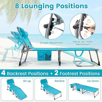 Giantex Face Down Tanning Chair, Folding Beach Lounge Chair w/ 4-Position Adjustable Backrest, Outdoor Sunbathing Lounge Chair w/Face Arm Holes & Storage Pocket for Patio Deck Poolside (2, Turquoise)