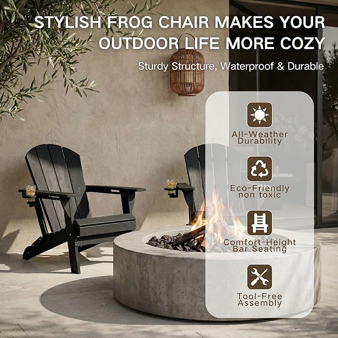 Kingdura Folding Adirondack Chairs Set of 2, Portable HDPE Outdoor Patio Chair with Wooden Textured & Cup Holder, All Weather Resistant, 380LBS Capacity for Pool, Backyard, Balcony, Fire Pit (Black)