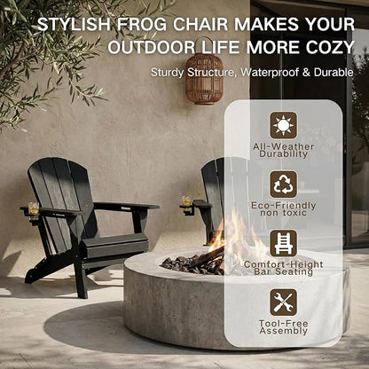 Kingdura Foldable Adirondack Chair, Portable HDPE All Weather Resistant Outdoor Patio Chair, Wooden Textured with Cup Holder, 380LBS Capacity for Poolside, Backyard, Deck, Fire Pit (Black)