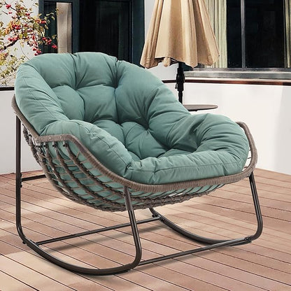 HOMEFUN Outdoor Patio Rocking Chairs, Oversized Papasan Rock Chair Indoor with Padded Cushion - Rocker Egg for Front Porch, Garden, Backyard Green