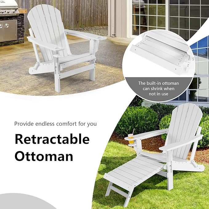 Giantex Folding Adirondack Chair, HDPE Patio Chairs Fire Pit Lounge Chair W/Retractable Ottoman & Cup Holder, Weatherproof Outdoor Adirondack Chairs for Porch, Garden, Backyard (1, White)