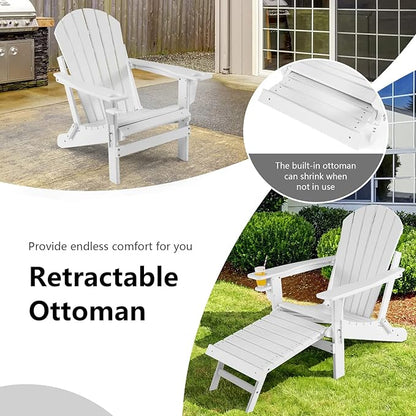Giantex Folding Adirondack Chair, HDPE Patio Chairs Fire Pit Lounge Chair W/Retractable Ottoman & Cup Holder, Weatherproof Outdoor Adirondack Chairs for Porch, Garden, Backyard (1, White)