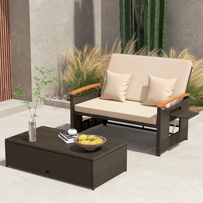 Tangkula Patio Rattan Daybed with 4-Level Adjustable Backrest, Outdoor Wicker Loveseat with Acacia Wood Armrest - Photo 3