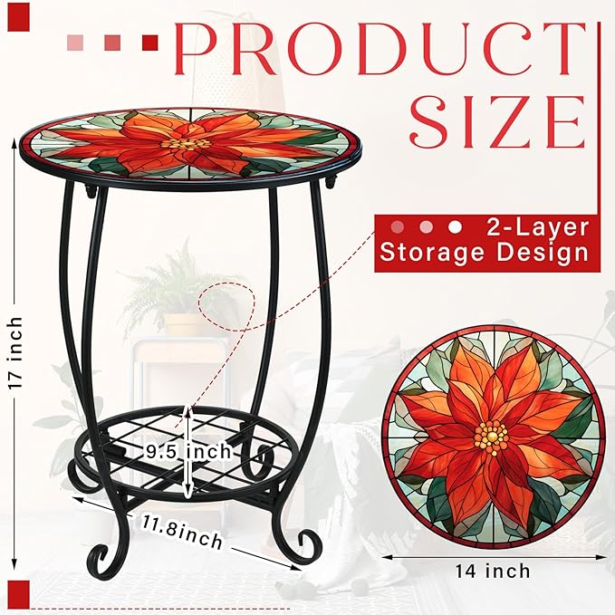 Outdoor Side Table Round Small Mosaic Patio Accent Indoor End Plant Coffee Tea Table for Yard Patio Porch Garden Living - Photo 3