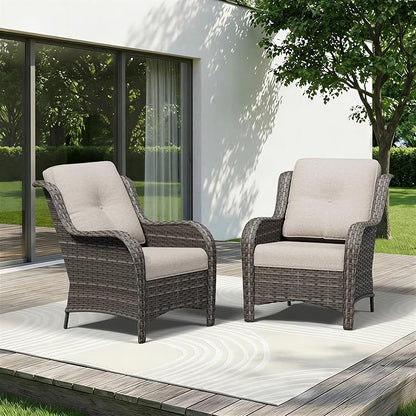 Patio Chairs Set of 2, Outdoor Wicker Patio Furniture Set with Thickened Olefin Cushions, High Back and Deep Seating, Wide Curved Armrest Hand-Woven PE Rattan for Porch, Deck, Beige