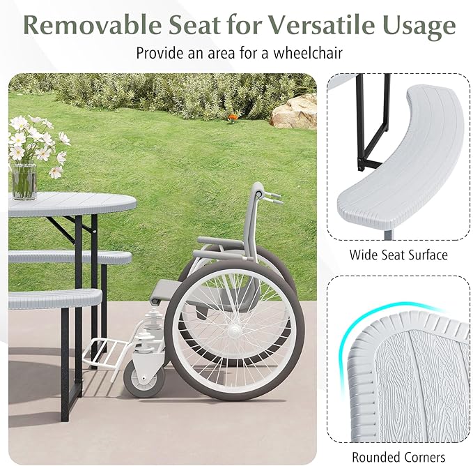 Giantex Picnic Table Bench Set for 4-8 Person, Round 37” Outdoor Dining Table w/Umbrella Hole, HDPE Tabletop - Photo 4