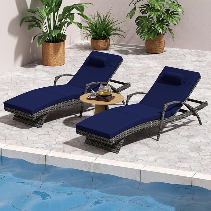 Outdoor Lounge Chairs Set of 2,Wicker Chaise Lounge Chair Pool Chaise Lounge,Patio Lounge Chair with Adjustable Backrest Arm Cushion for Poolside