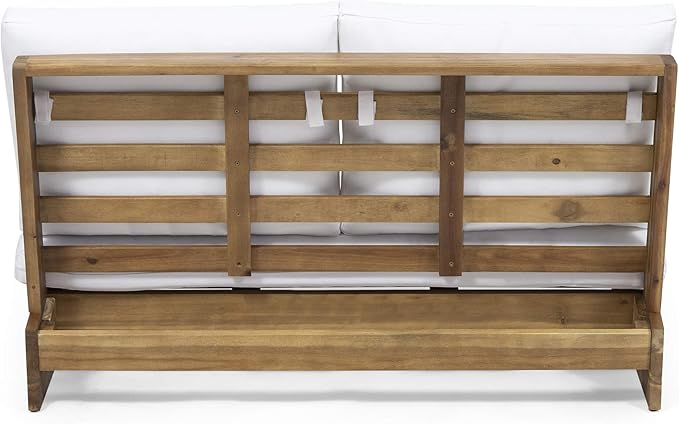 Great Deal Furniture Kaitlyn Outdoor Acacia Wood Loveseat with Cushions, Teak and White - Photo 6