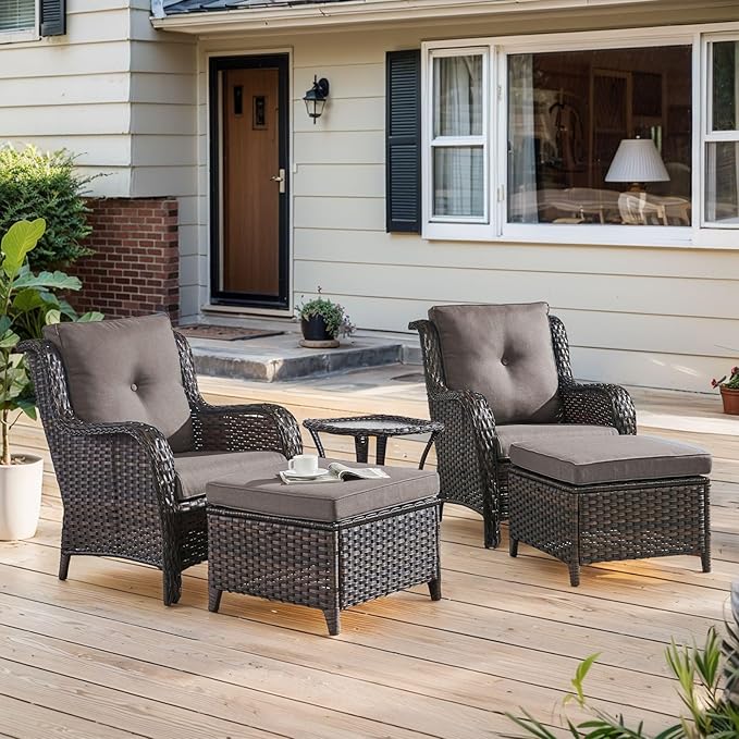 Belord Outdoor Furniture Set Patio Wicker Chairs, 3 Peices Porch Rattan Furniture with Side Table, Deep Seating Patio Bistro Chair Sets (Grey Cushion)