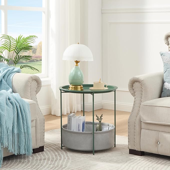 VECELO Round Side/End Table with Fabric Storage Basket，Metal Anti-Rust and Waterproof Small Bedside Nightstand with - Photo 4