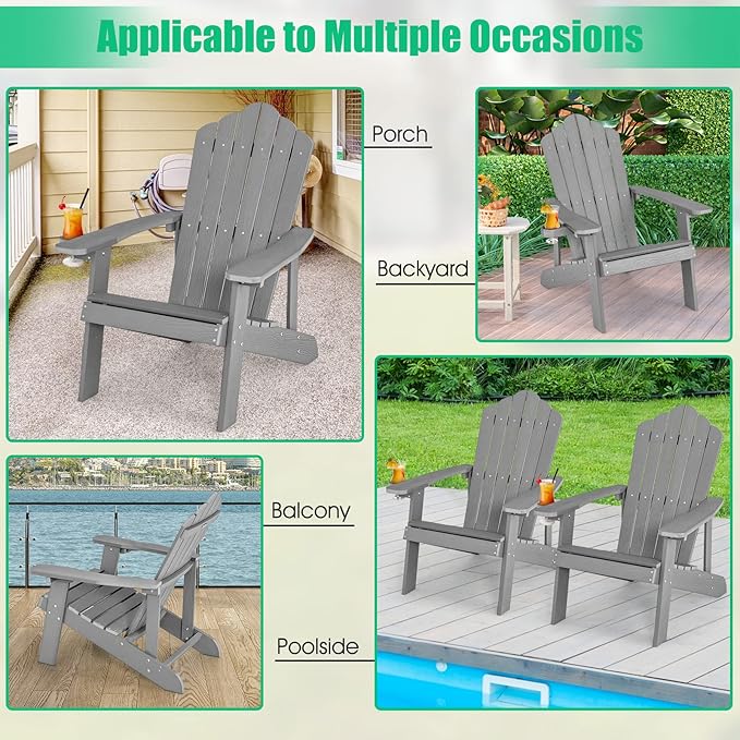 Giantex Outdoor Adirondack Chair - Oversized Patio Chairs w/Hidden Cup Holder, Realistic Wood Grain, 380 LBS Weight Capacity, Weather Resistant Firepit Chairs for Backyard, Garden (2, Light Grey)