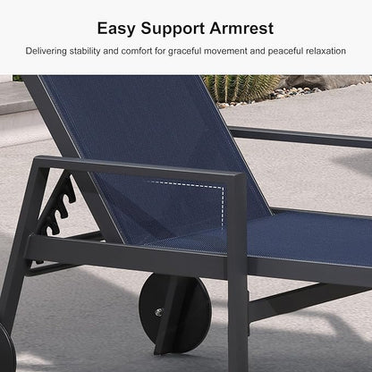 PURPLE LEAF Patio Lounge Chair Set of 3 Outdoor Chaise Lounger Aluminum Frame with Armrest Side Table and Wheels for Pool Outside Sunbathing Tanning Recliner Including Pillows Navy Blue